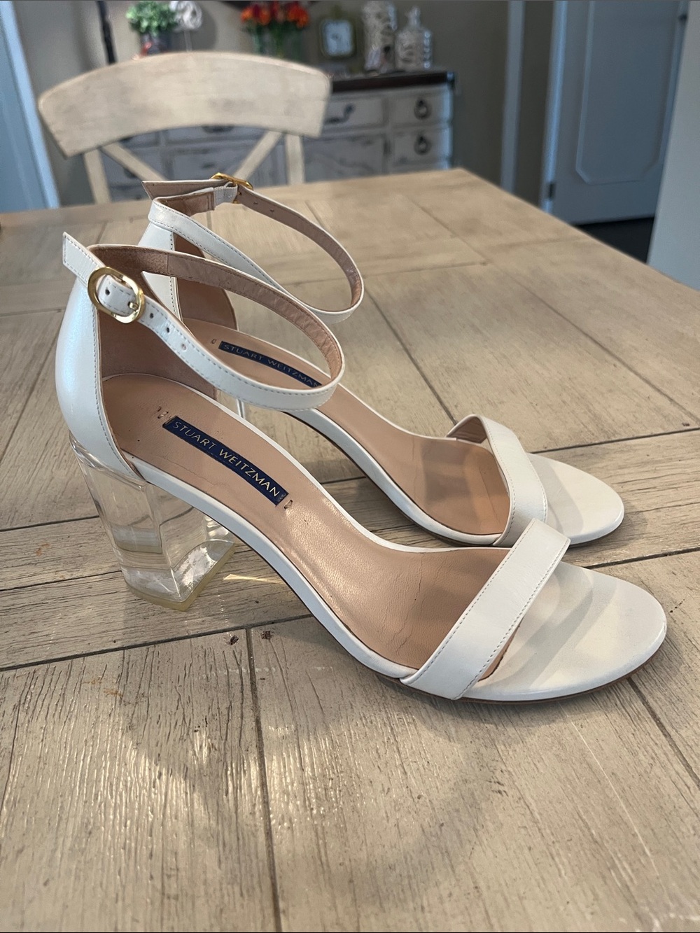 Stuart Weitzman White Ankle-Strap Sandals with Clear Block Heel